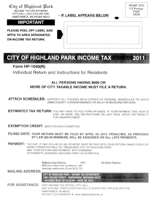 Form Hp-1040(R) - City Of Highland Park Income Tax - 2011 Printable pdf