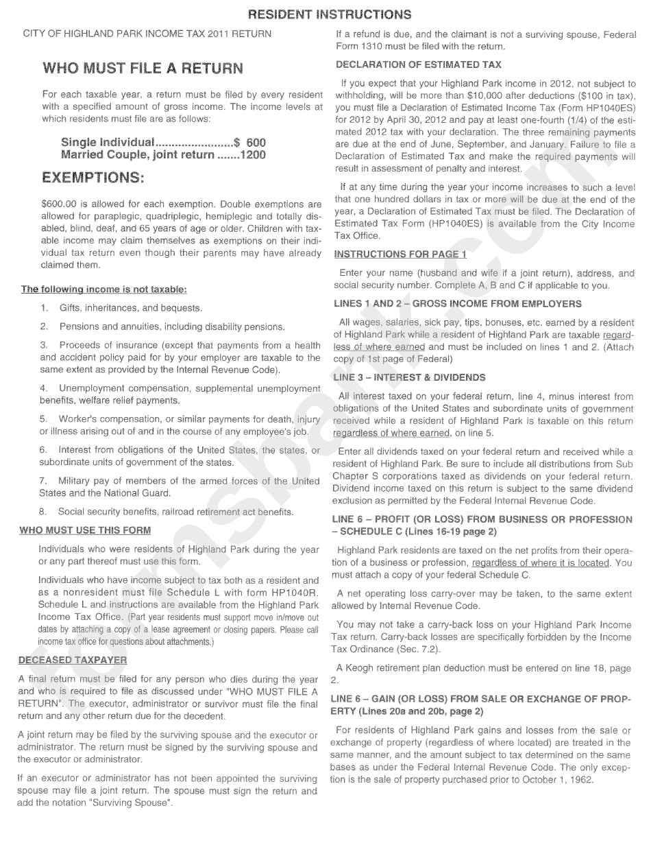 Form Hp-1040(R) - City Of Highland Park Income Tax - 2011