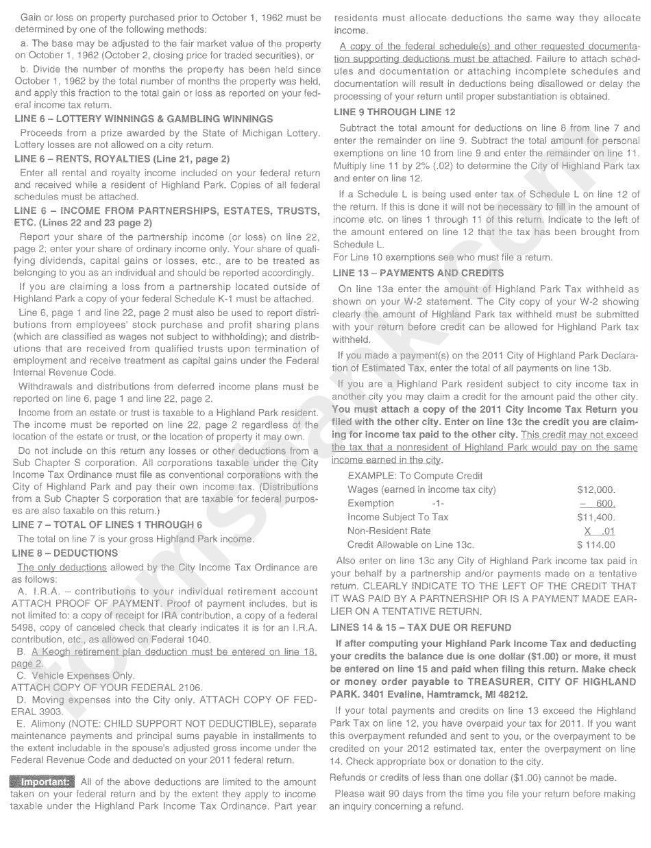 Form Hp-1040(R) - City Of Highland Park Income Tax - 2011