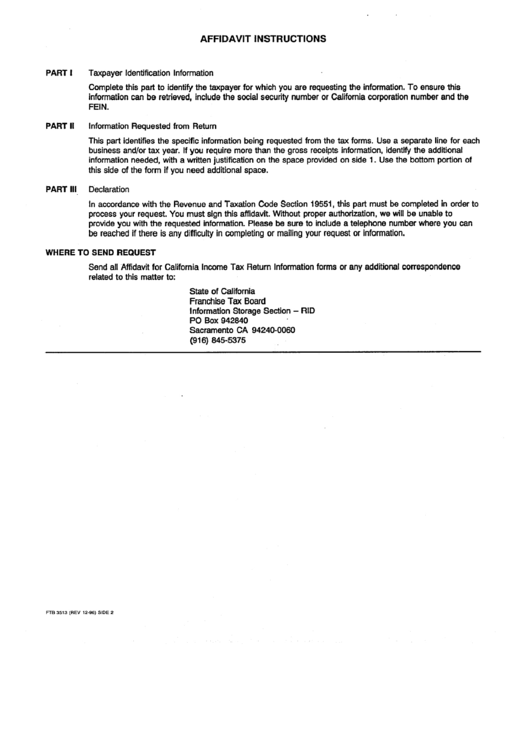Form Ftb 3513 - Affidavit Instructions Printable pdf