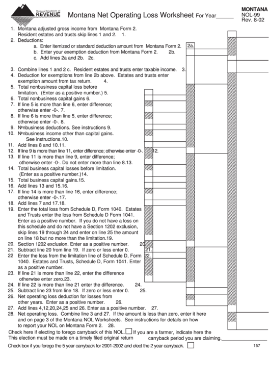Form Nol-99 - Montana Net Operating Loss Worksheet - 2002 Printable pdf
