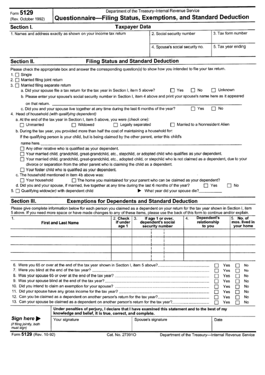 Form 5129 - Questionnaire - Filling Status, Exemptions, And Standard Deduction Printable pdf