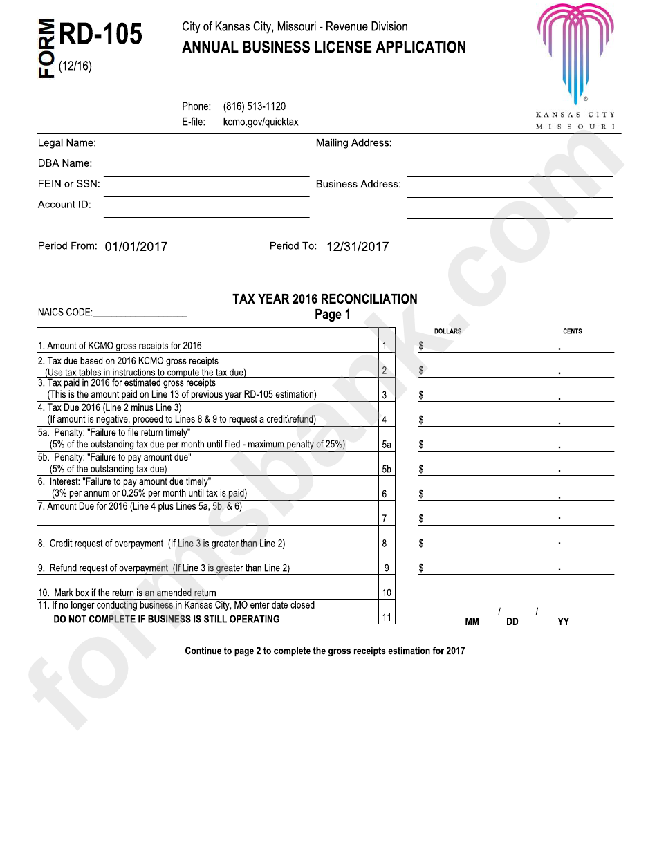 Fillable Form Rd105 Annual Business License Application 20162017