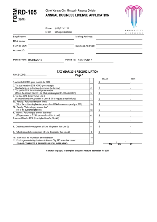 Fillable Form Rd-105 - Annual Business License Application - 2016-2017 Printable pdf