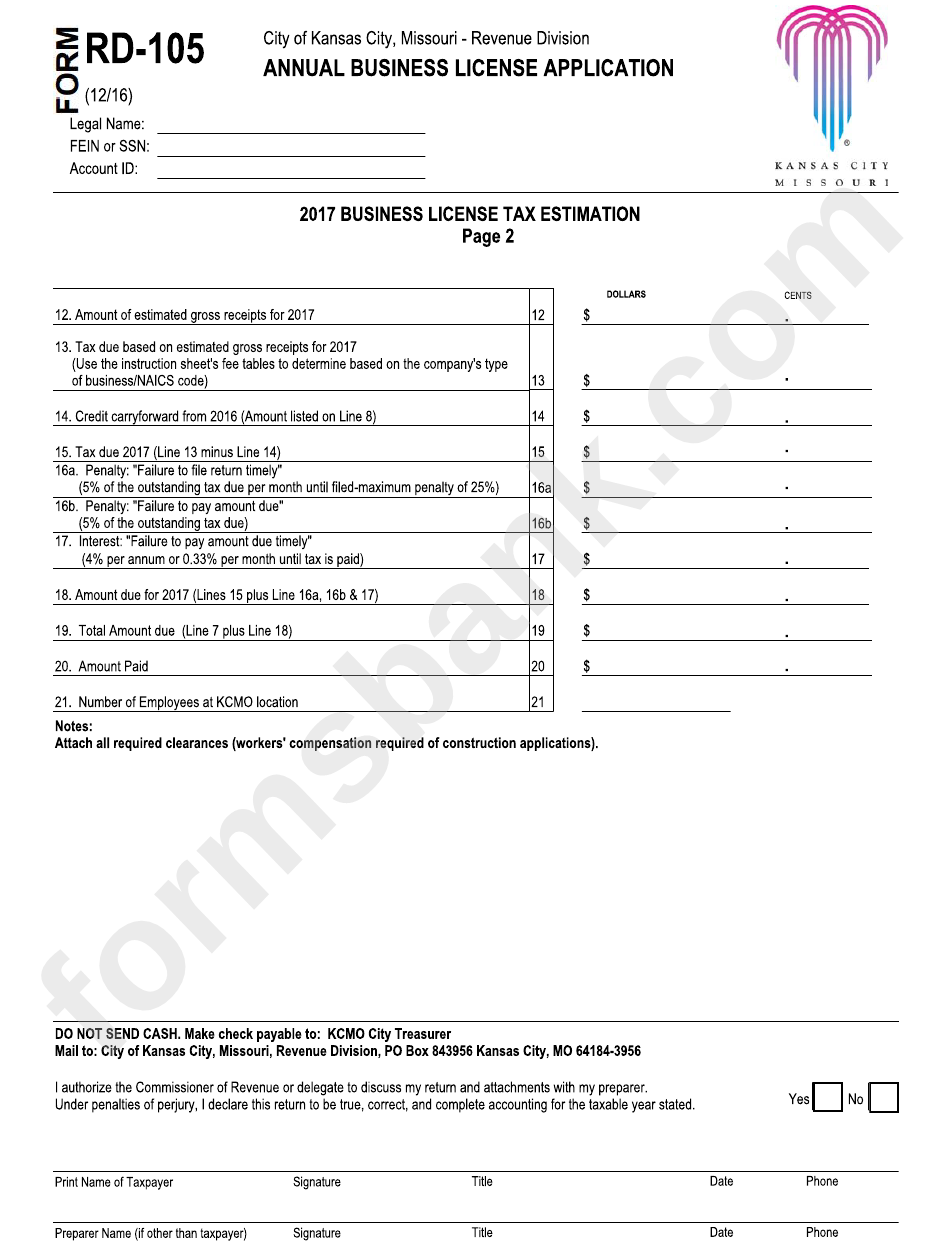 Form Rd-105 - Annual Business License Application - 2016-2017