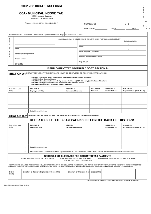 Download Cca Form 202es - Estimate Tax Form - Cca Municipal Income Tax - 2002 printable pdf download