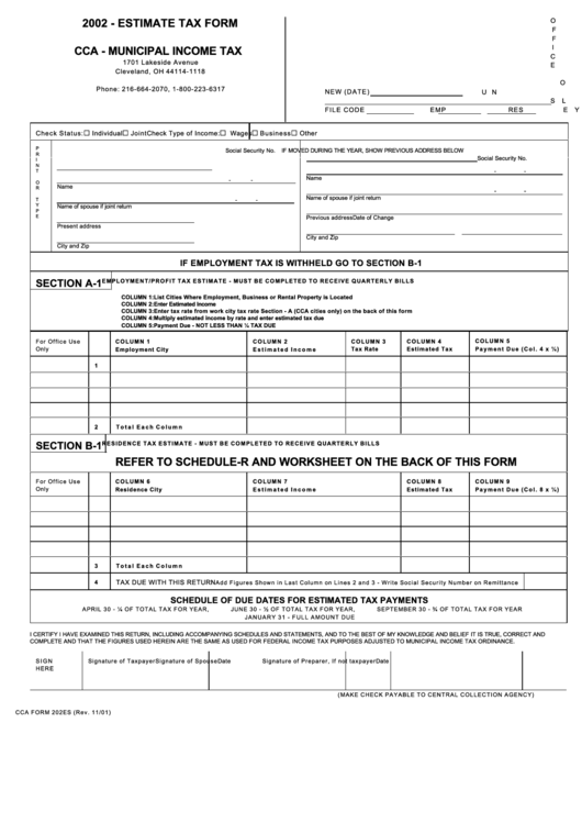 Cca Form 202es - Estimate Tax Form - Cca Municipal Income Tax - 2002 Printable pdf