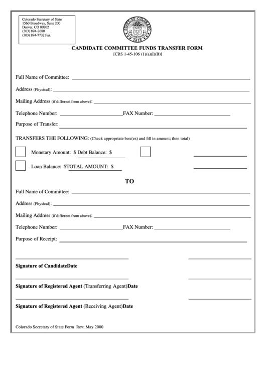Fillable Candidate Committee Funds Transfer Form - Colorado Secretary Of State Printable pdf