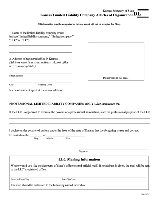 Form Dl - Kansas Limited Liability Company Articles Of Organization Printable pdf