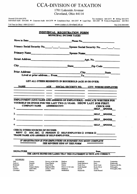 Individual Registration Form, Withholding And Business Registration - Cca-Division Of Taxation Printable pdf
