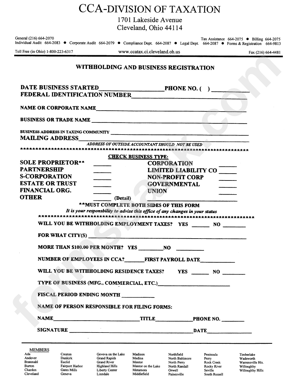 Individual Registration Form, Withholding And Business Registration - Cca-Division Of Taxation