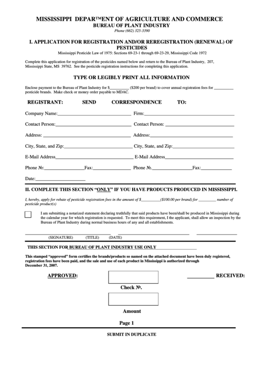 Application For Registration And/or Reregistration (Renewal) Of Pesticides Form Printable pdf