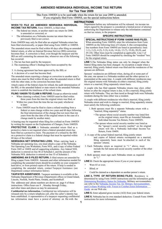Form 1040ns - Amended Nebraska Individual Income Tax Return - 2009 Printable pdf
