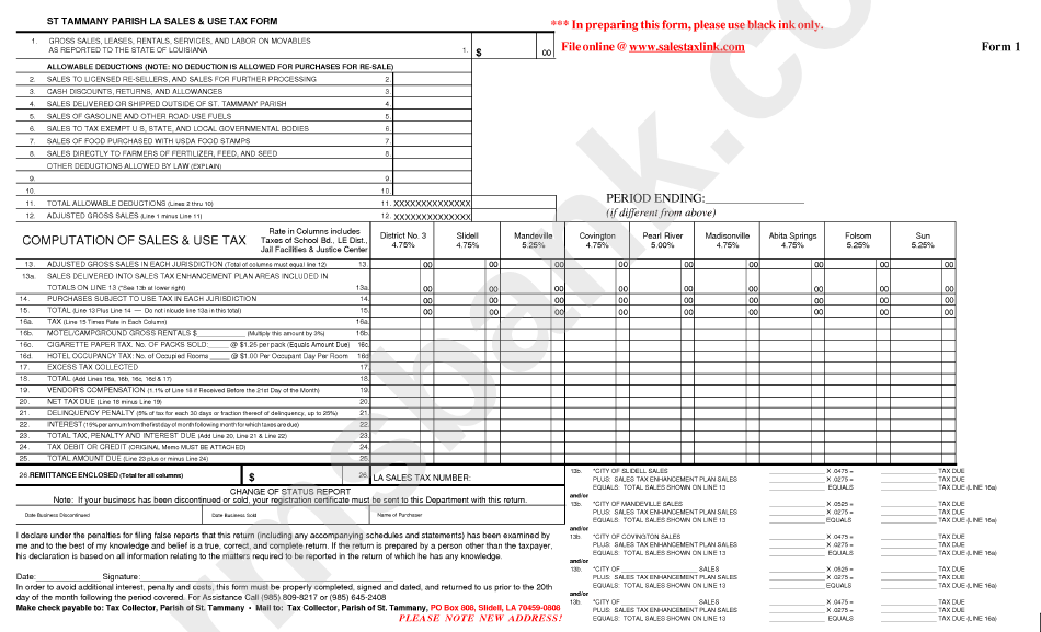 Form 1 - St. Tammany Parish La Sales & Use Tax