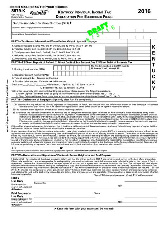 Form 8879-K Draft - Kentucky Individual Income Tax Declaration For Electronic Filing - 2016 Printable pdf