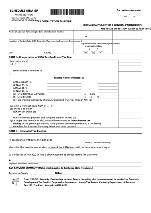 Form 41a720-S22 - Schedule Kida-Sp - Tax Computation Schedule (For A Kida Project Of A General Partnership) Printable pdf