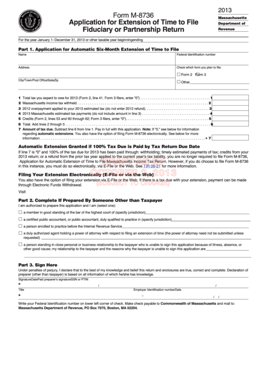 Form M-8736 Draft - Application For Extension Of Time To File Fiduciary Or Partnership Return - 2013 Printable pdf