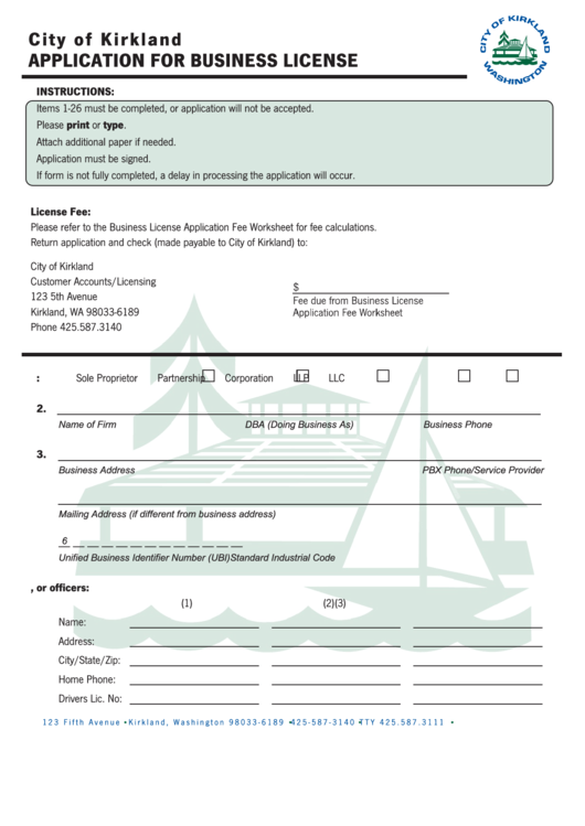 Application For Business License - City Of Kirkland Printable pdf
