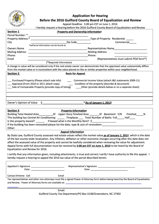 Application For Hearing Before The 2016 Guilford County Board Of Equalization And Review Printable pdf