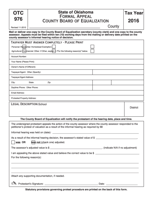 Fillable Form Otc 976 - Formal Appeal County Board Of Equalization - State Of Oklahoma - 2016 Printable pdf