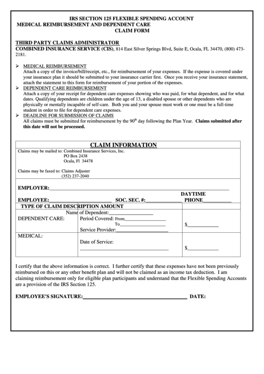 Fillable Irs Section 125 Flexible Spending Account Medical Reimbursement And Dependent Care Claim Form Printable pdf
