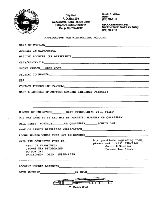 Application For Withholding Account - Wapakoneta City Hall Printable pdf