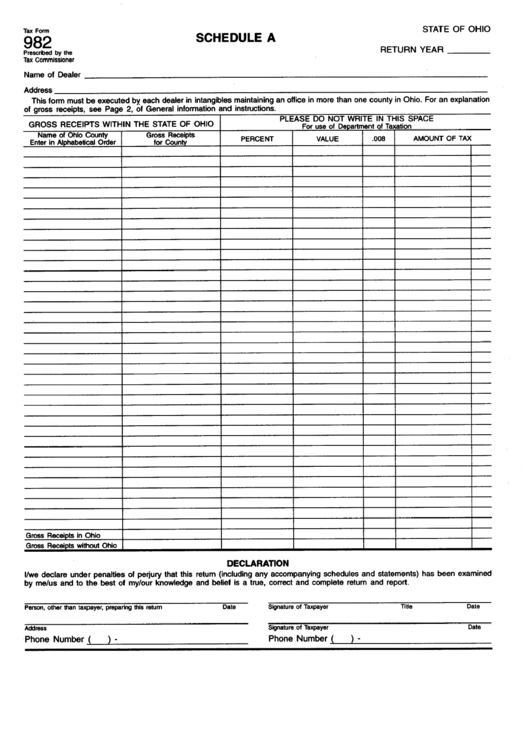 Fillable Form 982 - Schedule A - Gross Receipts Within The State Of Ohio Printable pdf