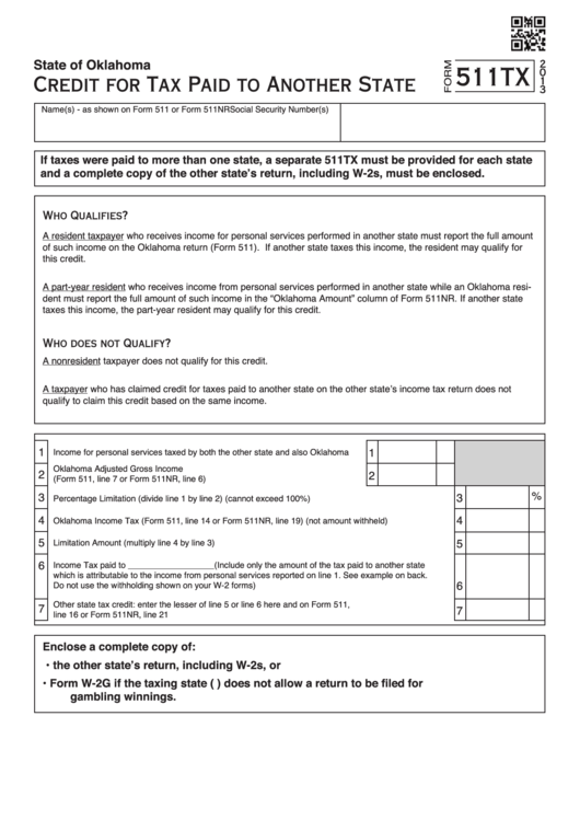 Fillable Form 511tx - Credit For Tax Paid To Another State - 2013 Printable pdf