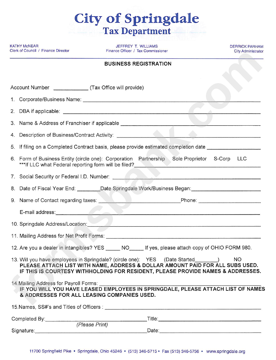 Business Registration - City Of Springdale Tax Department Form