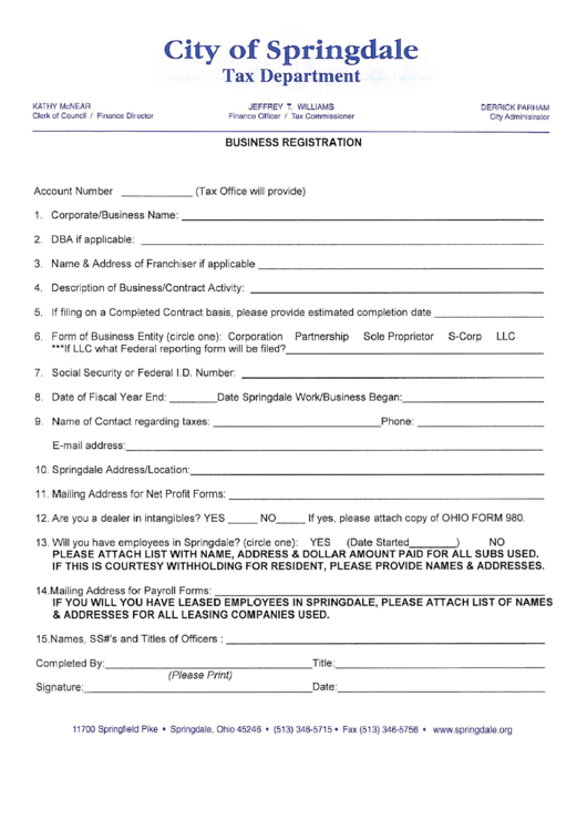 Business Registration - City Of Springdale Tax Department Form Printable pdf