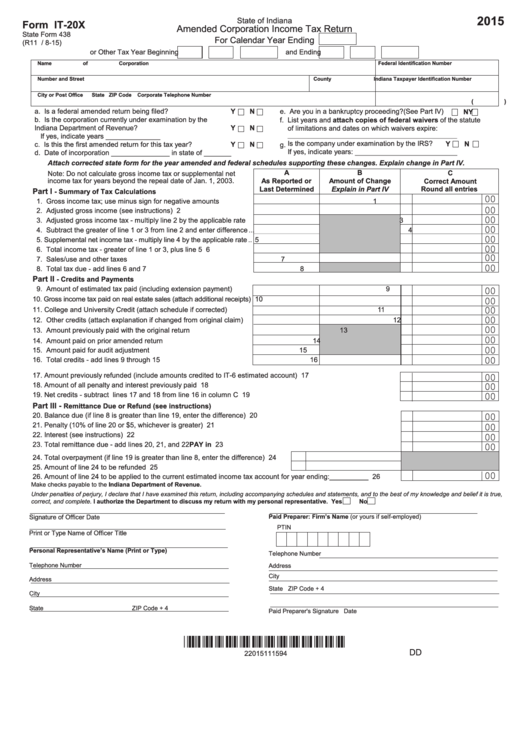 Form It-20x - Amended Corporation Income Tax Return - 2015 Printable pdf