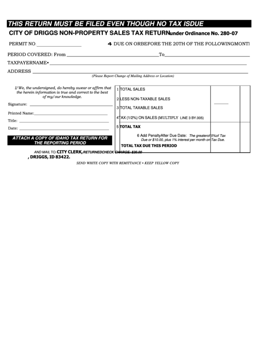 City Of Driggs Non-Property Sales Tax Return Printable pdf