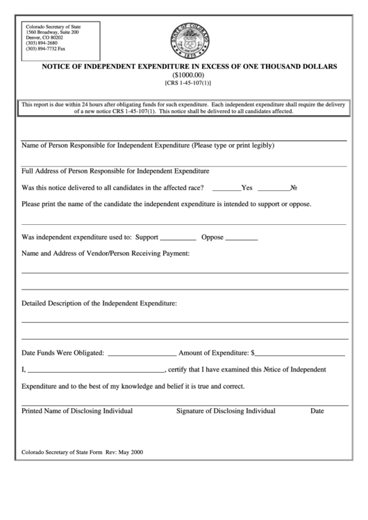 Fillable Notice Of Independent Expenditure In Excess Of One Thousand Dollars - Colorado Secretary Of State Printable pdf