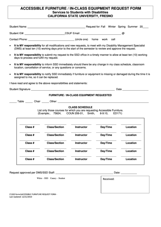 Accessible Furniture / In-Class Equipment Request Form - Services To Students With Disabilities Printable pdf