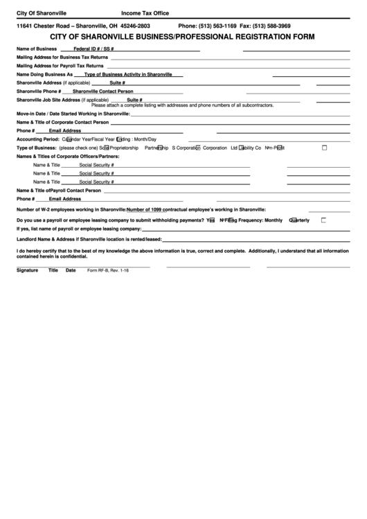 Fillable Form Rf-B - City Of Sharonville Business/professional Registration Printable pdf