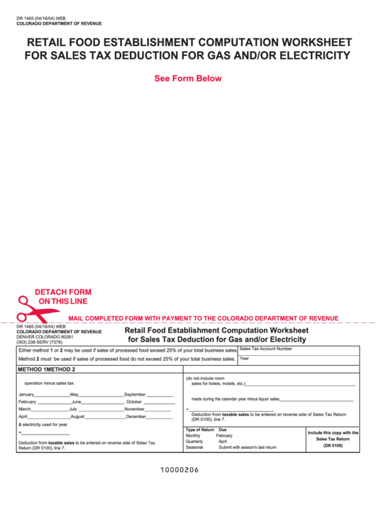 Form Dr 1465 Web - Retail Food Establishment Computation Worksheet For Sales Tax Deduction For Gas And/or Electricity Printable pdf