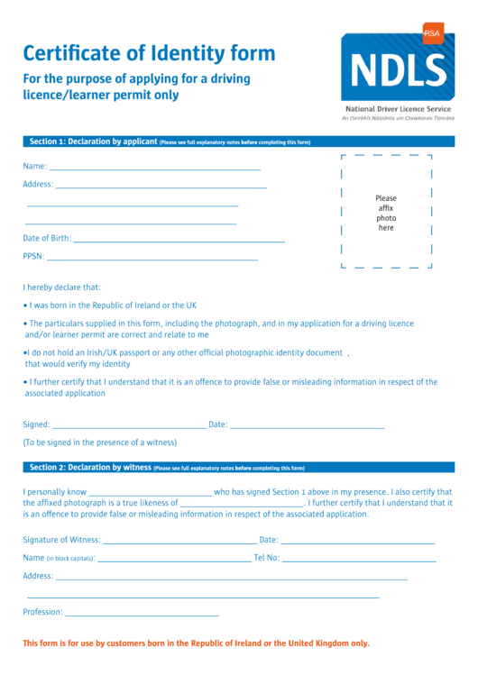 Certificate Of Identity Form Printable pdf