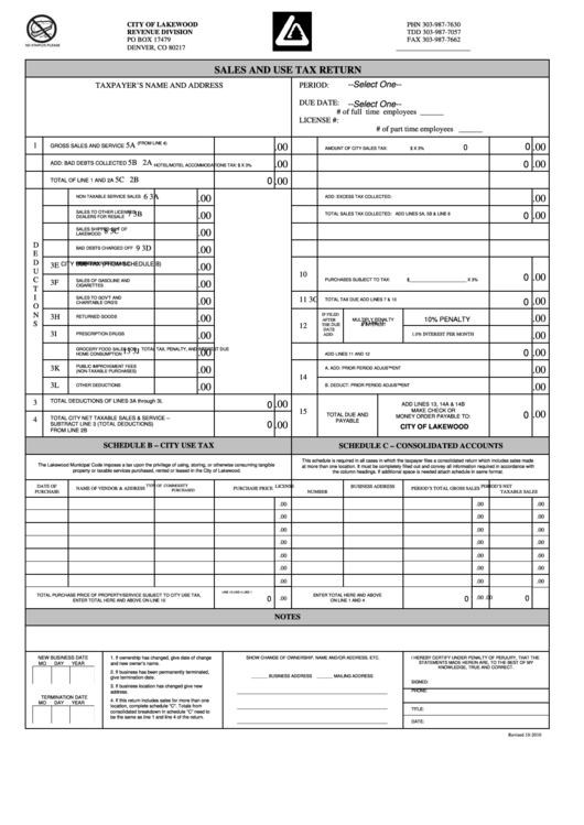 Fillable Sales And Use Tax Return - City Of Lakewood Printable pdf