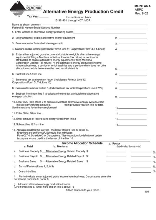 Form Aepc - Alternative Energy Production Credit Printable pdf