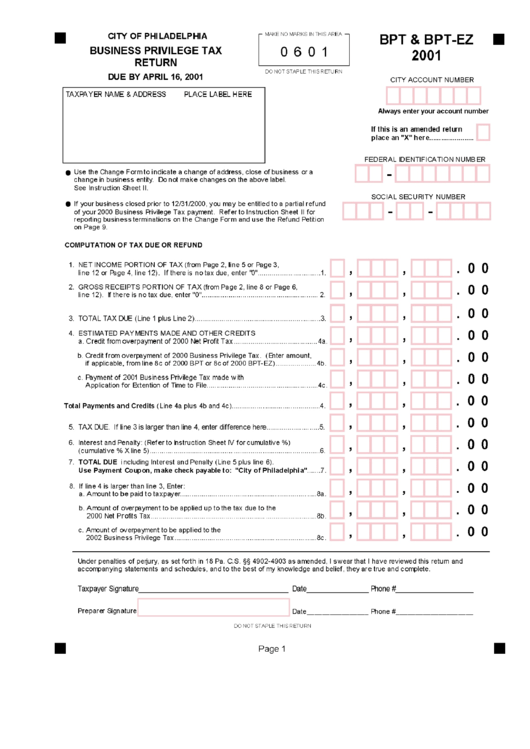 Form Bpt & Bpt-Ez - Business Privilege Tax Return 2001 Printable pdf