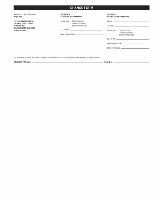 Fillable Change - Wage Tax - City Of Wapakoneta Form Printable pdf