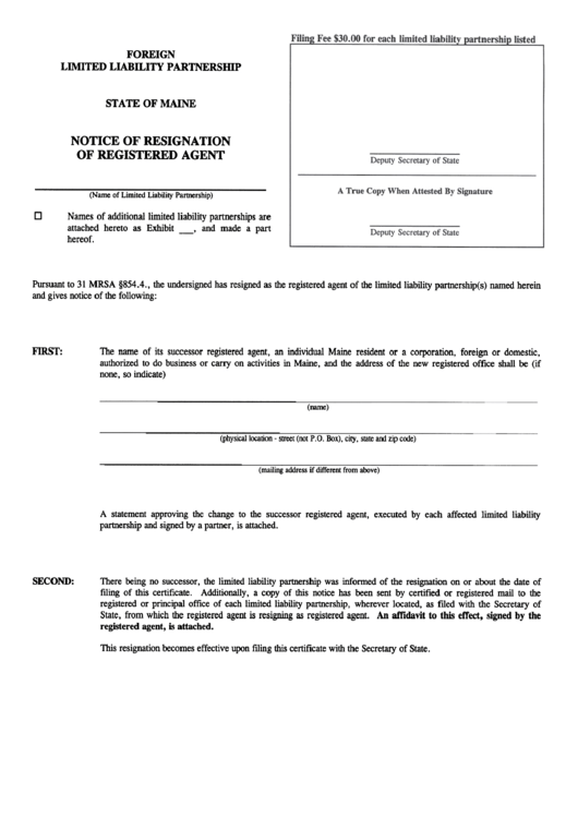 Form No. Mllp-12e - Notice Of Resignation Of Registered Agent Printable pdf