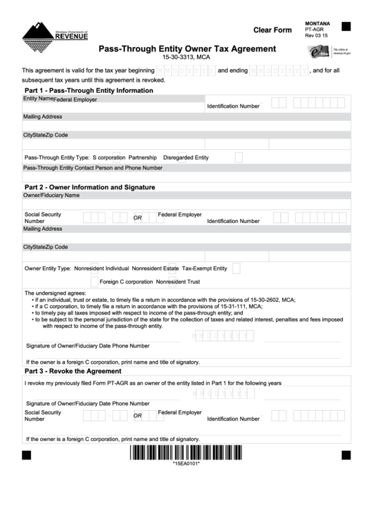 Fillable Montana Form Pt-Agr - Pass-Through Entity Owner Tax Agreement - 2015 Printable pdf