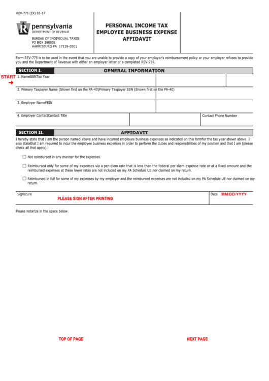 Fillable Form Rev-775 (Ex) - Personal Income Tax Employee Business Expense Affidavit Printable pdf