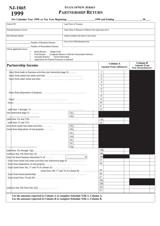 Form Nj-1065 - New Jersey Partnership Return - 1999 Printable pdf