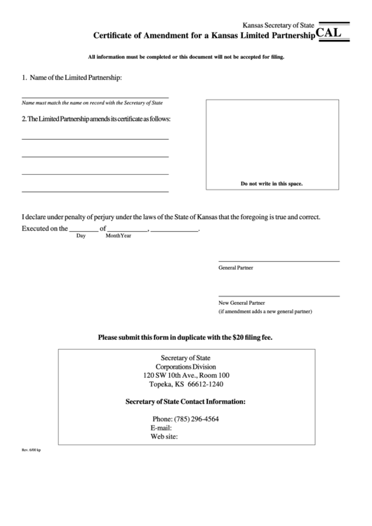 Form Cal - Certificate Of Amendment For A Kansas Limited Partnership Printable pdf