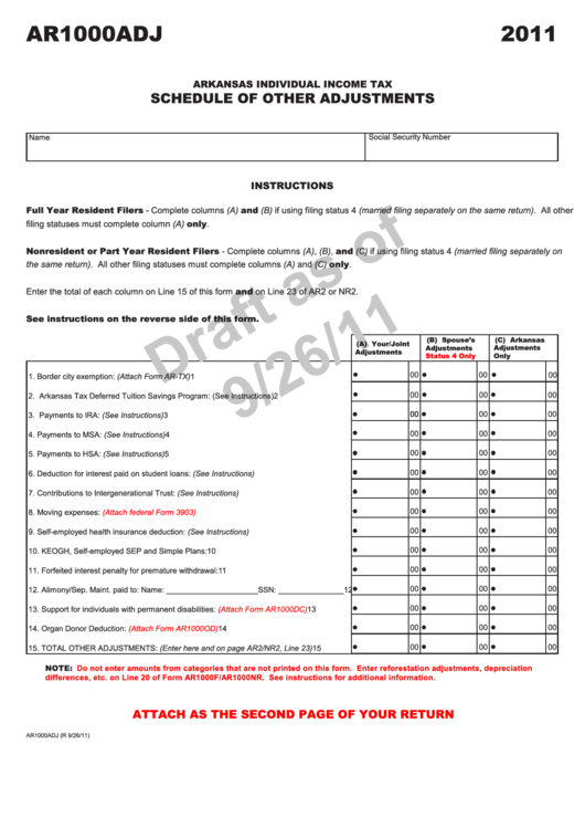 Form Ar1000adj Draft - Schedule Of Other Adjustments, Instructions - 2011 Printable pdf