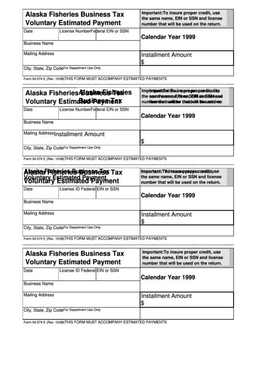 Fillable Form 04-574 E - Alaska Fisheries Business Tax Voluntary Estimated Payment - 1999 Printable pdf