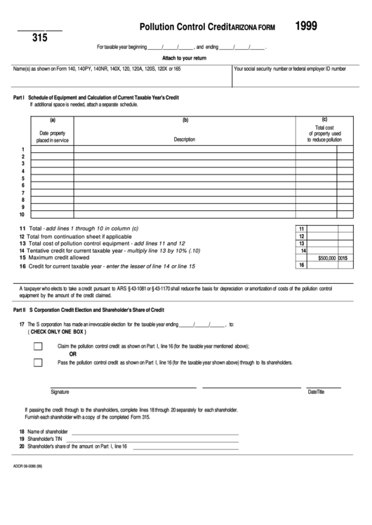 Arizona Form 315 - Pollution Control Credit - 1999 Printable pdf