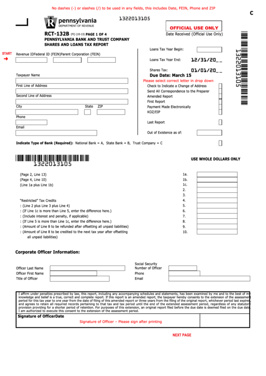 Fillable Form Rct-132b - Pennsylvania Bank And Trust Company Shares And Loans Tax Report Printable pdf